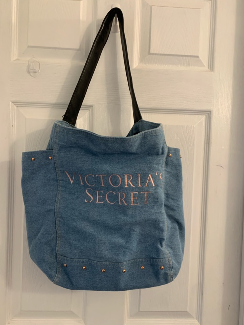 Victoria's Secret Blue Canvas Tote Bag with Black Straps $10